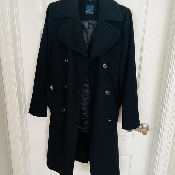 Daniel Hechter Paris Black Wool Blend Double Breasted Trench Coat Tie Waist Belt - Picture 8 of 10